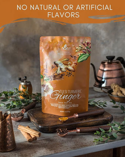 Organic Turmeric Ginger Tulsi Chai Tea | Loose Leaf | Ayurvedic Superfood Blend | Herbal and Caffeine-Free | 55+ Cups | KSA Kosher | 4 oz