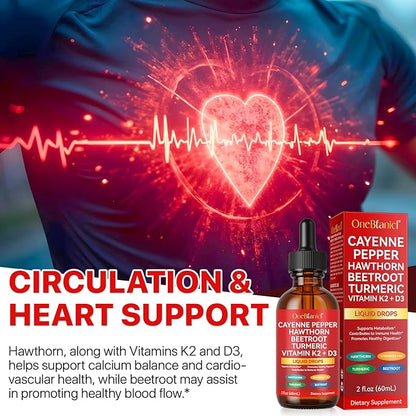 Cayenne Pepper Drops, Natural Cayenne Pepper Extract, Contains Beetroot & Turmeric & Hawthorn & Vitamin K2+D3, Natural Formula, Nutritional Supplement Drops 60ml