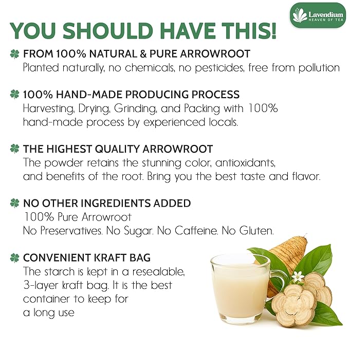 Lavendium, Premium Arrowroot Starch Powder – 8oz Resealable Bag, Gluten-Free, Non-GMO, Premium Plant-Based Thickener for Cooking, Baking & Frying. No Sugar. No Caffeine. Vegan