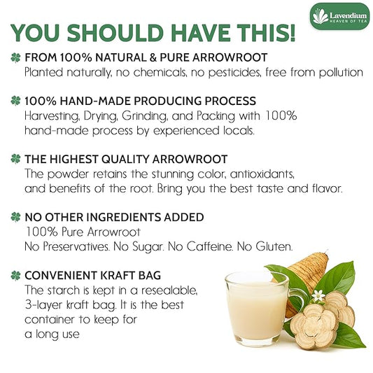 Lavendium, Premium Arrowroot Starch Powder – 8oz Resealable Bag, Gluten-Free, Non-GMO, Premium Plant-Based Thickener for Cooking, Baking & Frying. No Sugar. No Caffeine. Vegan