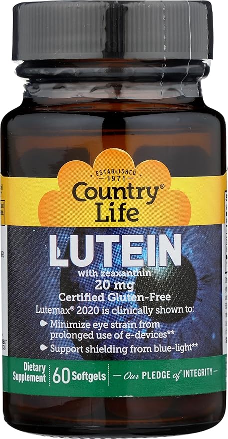 Country Life Lutein 20 mg Supplement - Certified Gluten-Free - Eye Health Support with Lutein and Zeaxanthin - Reduces Eye Strain from Screens - No Yeast, Corn, Wheat, Milk - 60 Softgels