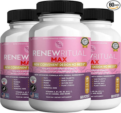 Renew Ritual Max, Hair Skin Nails Supplement, 60 Capsules, Vitamins A B C D E with Biotin (3)