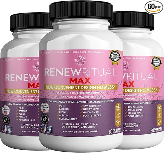 Renew Ritual Max, Hair Skin Nails Supplement, 60 Capsules, Vitamins A B C D E with Biotin (3)