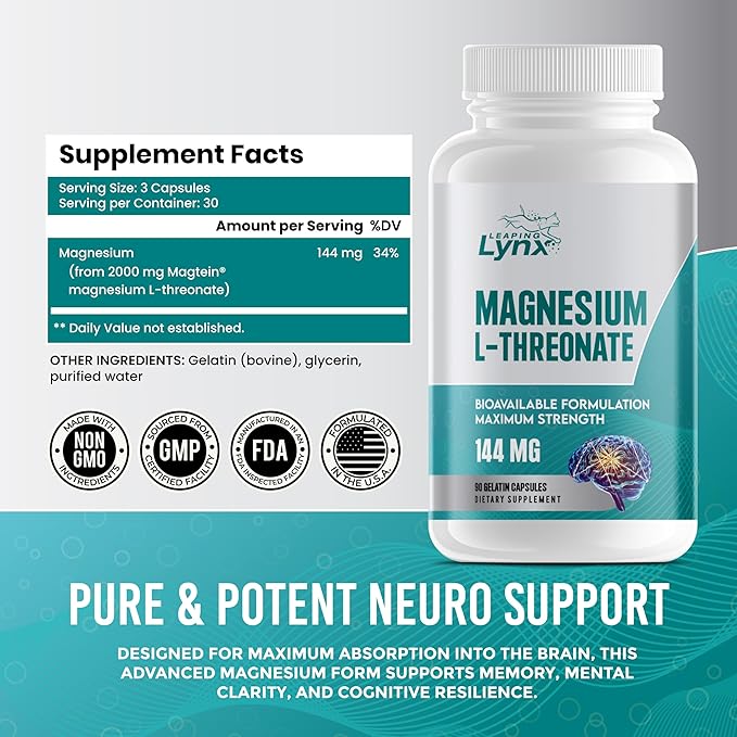 Pure Organic Magnesium L-Threonate 2,000 MG, Bioavailable + High-Absorption + Max Potency & Purity |90 Magnesium Threonate Capsules, 30-Day Supply| Brain Health, Better Sleep, & Cognitive Health