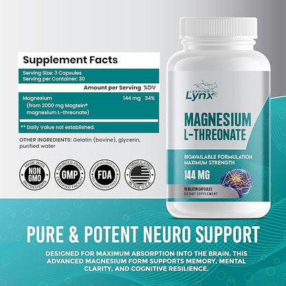 Pure Organic Magnesium L-Threonate 2,000 MG, Bioavailable + High-Absorption + Max Potency & Purity |90 Magnesium Threonate Capsules, 30-Day Supply| Brain Health, Better Sleep, & Cognitive Health