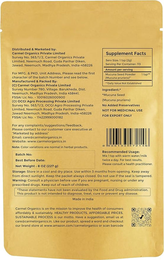 CARMEL ORGANICS Mucuna Pruriens Natural (White) Seeds Powder 8 Ounce or 0.5 Lb/227 Grams | Non GMO | Kosher | Kapikachhu Powder | No Added Preservative