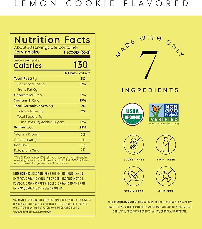 Truvani Vegan Pea Protein Powder | Lemon Cookie | 20g Organic Plant Based Protein | 20 Servings | Keto | Gluten & Dairy Free | Low Carb | No Added Sugar