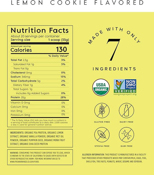 Truvani Vegan Pea Protein Powder | Lemon Cookie | 20g Organic Plant Based Protein | 20 Servings | Keto | Gluten & Dairy Free | Low Carb | No Added Sugar