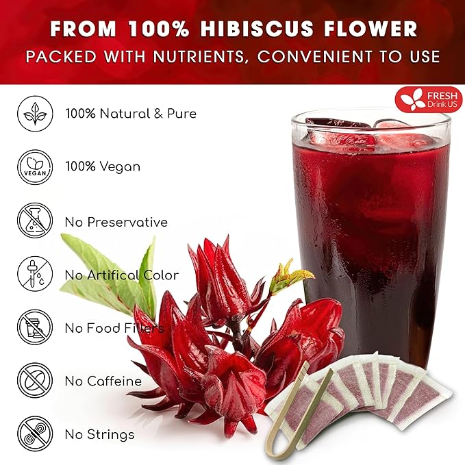FRESHDRINKUS, Premium 30 Hibiscus Flowers Tea Bags, 100% Natural & Pure from Hibiscus Flowers. Loose Flower Hibiscus Herbal Tea. No Sugar, No Caffeine, No Gluten, Vegan.