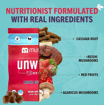 Mushie 100% Organic Reishi Mushroom Gummies - 2000mg Reishi Nootropic for Relaxation, Sleep, Cardiovascular Health & Immune Support with Vitamin D - Vegan, Gluten-Free - 60 Count