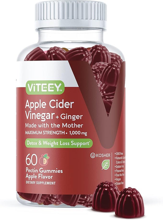 Viteey Apple Cider Vinegar Gummies and Ginger – 1000 mg ACV Gummies for Weight Loss, Detox and Digestion – Vegan, Gluten-Free – 60 Count