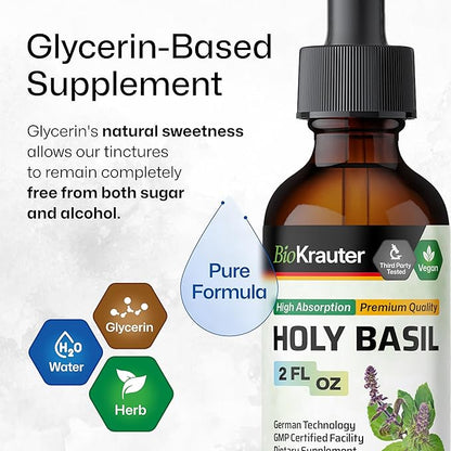BIO KRAUTER Holy Basil Tincture - Tulsi Powder Liquid Extract - Supports Calmness and Relaxation - Ursolic Acid Supplement - Alcohol and Sugar Free - Vegan Drops 2 Fl.Oz.
