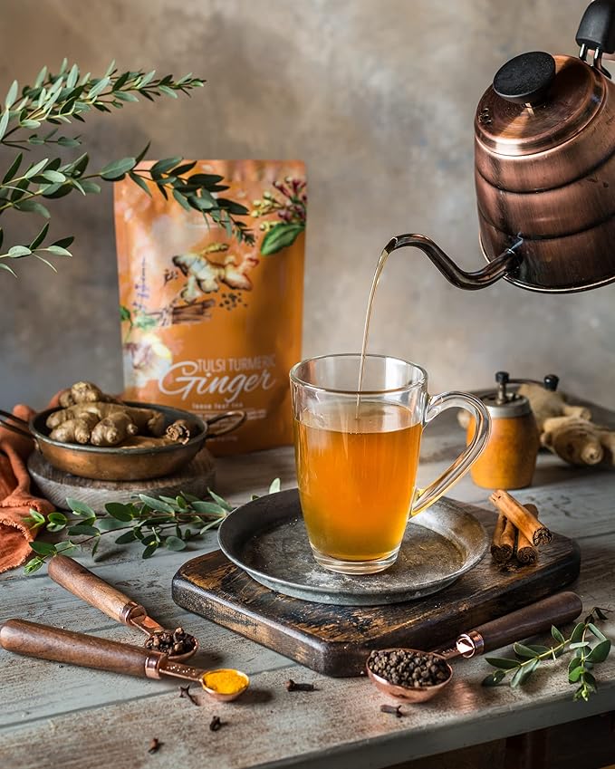 Organic Turmeric Ginger Tulsi Chai Tea | Loose Leaf | Ayurvedic Superfood Blend | Herbal and Caffeine-Free | 55+ Cups | KSA Kosher | 4 oz