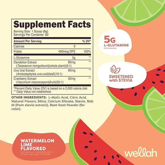 Wellah L-Glutamine Powder Watermelon Lime (50 Servings) - 5g L-Glutamine Per Serving, Sweetened with Stevia