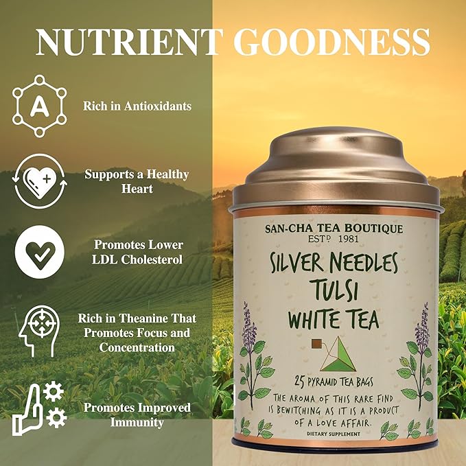 Sancha Tea Boutique Tulsi White Tea | 25 Pyramid Bags | Indian Holy Basil Leaves with Silver Needle White Tea | Rich in Antioxidants & Wellness