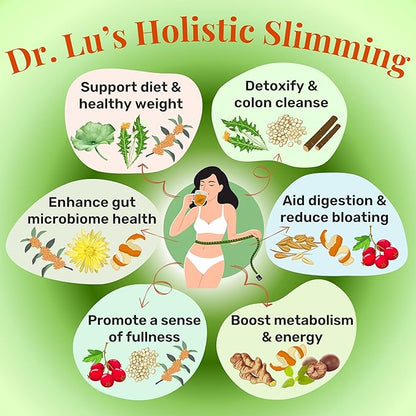 Dr. Lu’s Happy Slim Tea | 100% Natural Detox Tea for Body Balance & Shape | Colon Cleanse tea for Bloating & Digestion | 11 Inno-Cleanse Herbs incl. Hawthorn, Lotus Leaf, Burdock, Dandelion | Laxative-Free