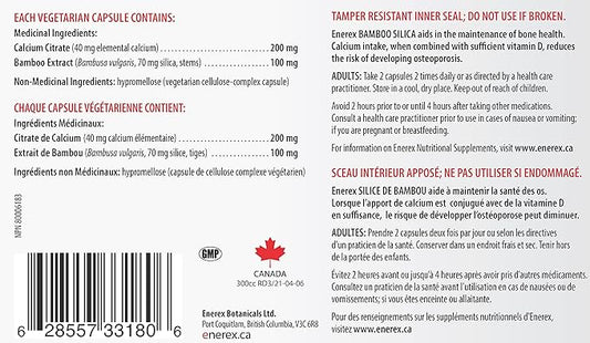 Bamboo Silica with Calcium Citrate - 180 Veggie Caps for Bone & Dental Health, Enhanced Hair, Skin & Nails Growth - Plant-Based Supplement, Bamboo Extract & Organic Silica for Wellbeing