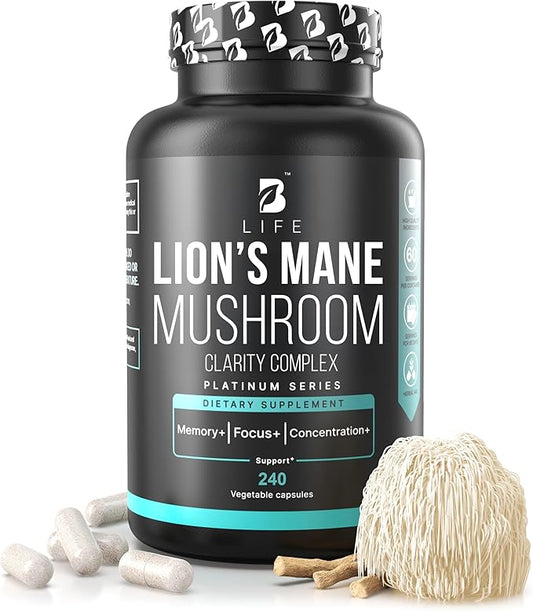 Clarity Complex with Natural Ingredients: Thiamin Vitamin B1, Ashwagandha, Lion's Mane Mushroom | 240 caps | Helps Increase Focus, Cognition, Memory and Clarity | Made in The USA by B Life.