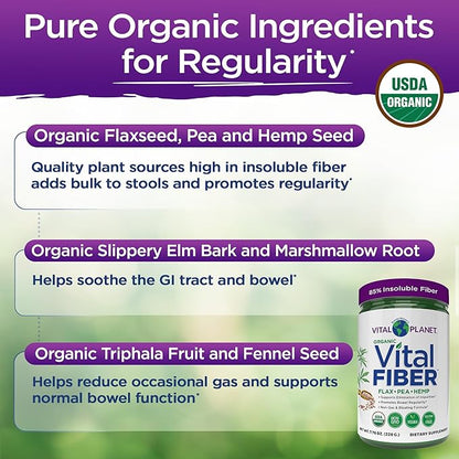 Vital Planet - Vital Fiber Powder, Soluble and Insoluble Fiber Supplement with Flax, Pea and Hemp, Organic Daily Dietary Supplement Supports Gut Digestive Regularity 7.76 oz