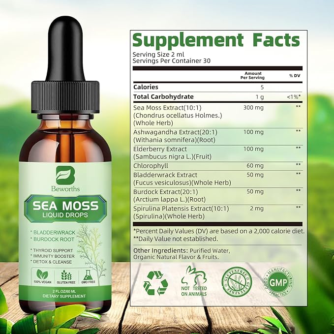 Sea Moss Liquid Drops - Organic Irish Sea Moss Gel with Spirulina, Bladderwrack, Burdock Root, Seamoss Gel Supplement for Joint, Detox Cleanse & Digestion Support - 2 Fl Oz, Vegan