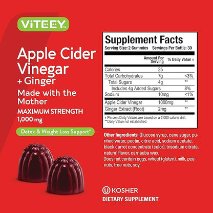 Viteey Apple Cider Vinegar Gummies and Ginger – 1000 mg ACV Gummies for Weight Loss, Detox and Digestion – Vegan, Gluten-Free – 120 Count