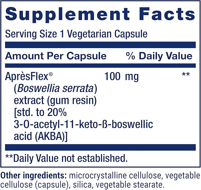 Life Extension 5-LOX Inhibitor with AprèsFlex®, 100 mg, standardized Boswellia serrata Extract, Promotes Joint, Cell & arterial Health, Gluten-Free, Non-GMO, Vegetarian, 60 Capsules