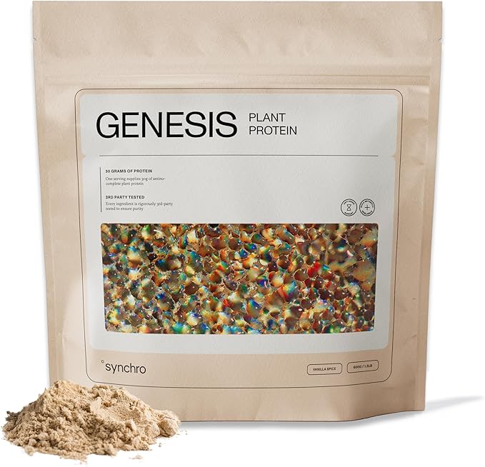 Synchro Genesis Plant Based Protein Powder | Vanilla Spice | 30g of Organic Protein Per Serving | <1g Sugar | 1g Net Carbs | No Stevia | Superfoods + Prebiotics | Vegan + Keto Friendly