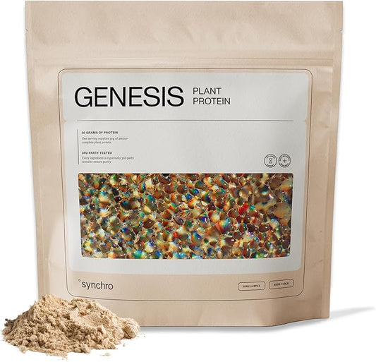 Synchro Genesis Plant Based Protein Powder | Vanilla Spice | 30g of Organic Protein Per Serving | <1g Sugar | 1g Net Carbs | No Stevia | Superfoods + Prebiotics | Vegan + Keto Friendly