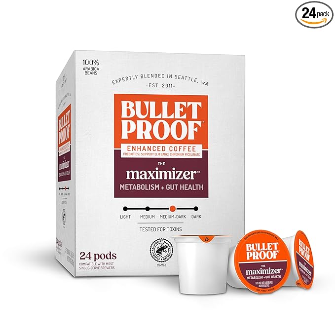 Bulletproof The Maximizer Single-Serve Coffee Pods, 24 Count, Clean Coffee with Prebiotics for Metabolism and Gut Health Support, Packaging May Vary