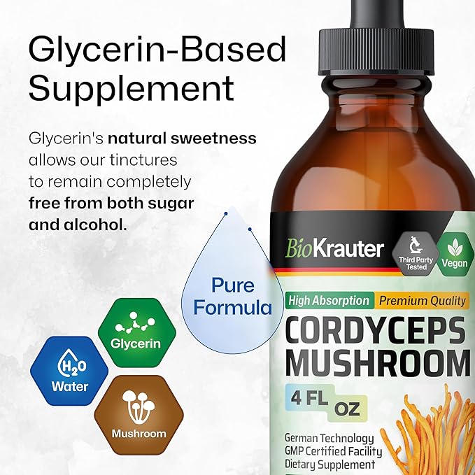 BIO KRAUTER Cordyceps Mushroom Extract - Cordyceps Sinensis Liquid Mushroom Extract - 670 mg per Serving - Vegan, Alcohol & Sugar Free - 4 Fl.Oz.