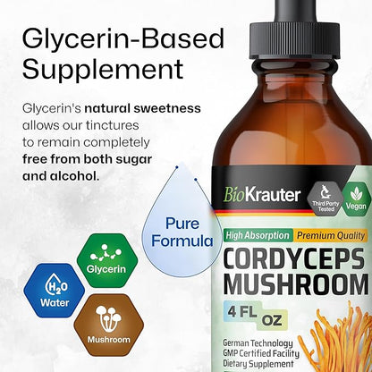 BIO KRAUTER Cordyceps Mushroom Extract - Cordyceps Sinensis Liquid Mushroom Extract - 670 mg per Serving - Vegan, Alcohol & Sugar Free - 4 Fl.Oz.