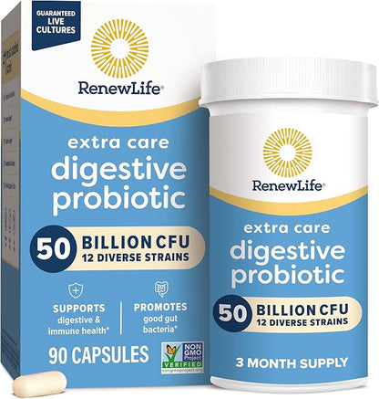 Renew Life Extra Care Digestive Probiotic Capsules, 50 Billion CFU Guaranteed, Daily Supplement Supports Immune, Digestive, Respiratory Health(1), L. Rhamnosus GG, Dairy, Soy and Gluten-Free, 90 Count