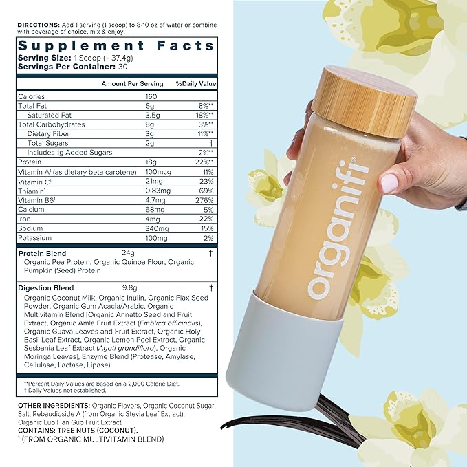 Organifi Complete Protein Vanilla Flavor - Organic Vegan Plant Based Protein Powder with Digestive Enzymes - 30 Day Supply - No Soy, Dairy, or Gluten
