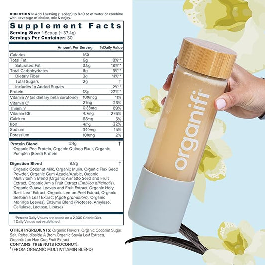 Organifi Complete Protein Vanilla Flavor - Organic Vegan Plant Based Protein Powder with Digestive Enzymes - 30 Day Supply - No Soy, Dairy, or Gluten