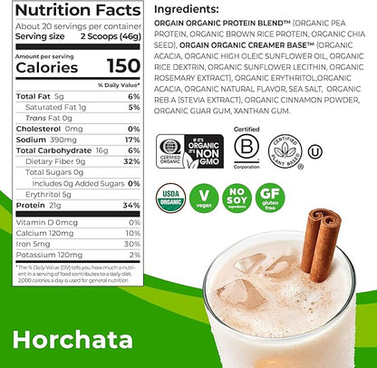 Orgain Organic Vegan Protein Powder, Horchata - 21g of Plant Based Protein, Low Net Carbs, Gluten Free, Lactose Free, No Sugar Added, Soy Free, Kosher, Non-GMO, 2.03 Lb