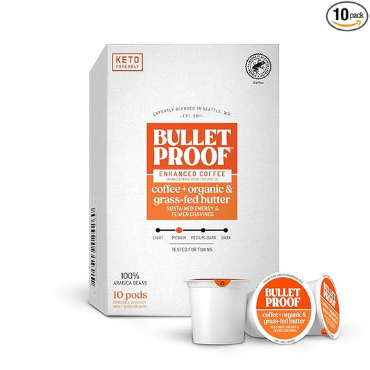 Bulletproof Coffee + Organic Grass-Fed Butter Single-Serve Pods, 10 Count, Keto Coffee, All-in-one Recipe with MCT Oil and Butter, Packaging May Vary