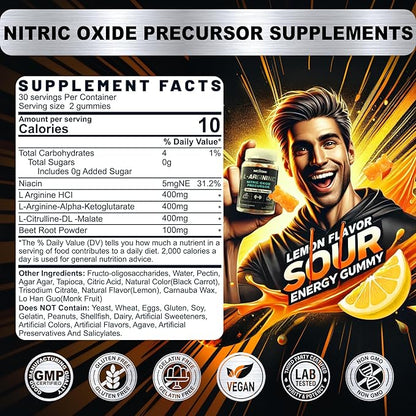 Sugar Free L Arginine Nitric Oxide Gummies 1300mg for Men & Women with L Citrulline, Beet Root, B3 | L Arginine L Citrulline Supplements | Vegan, 120 Counts
