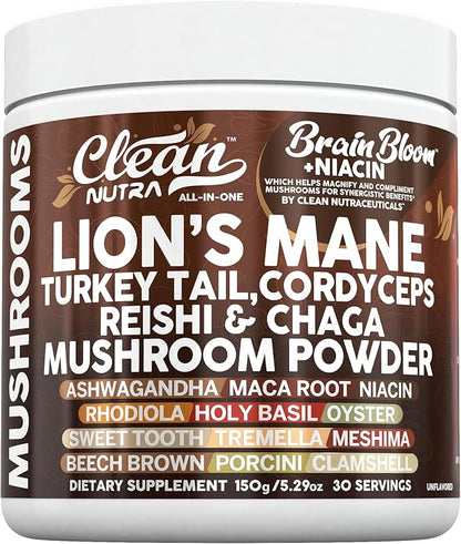 Clean Nutra Lion's Mane Turkey Tail Cordyceps Reishi Chaga Mushroom Powder + Ashwagandha Niacin Calm Stress Memory Adrenal Support Supplements Maca Rhodiola Holy Basil Apaptogen Supplement Unflavored