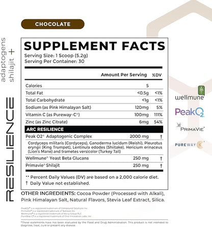 ARC Resilience Mushroom Powder Supplement with Lion’s Mane, Cordyceps, Reishi, Shilajit, Beta-Glucans, Zinc and Vitamin C for Focus, Energy, Immunity, Performance, and Memory, Chocolate, 30 Servings