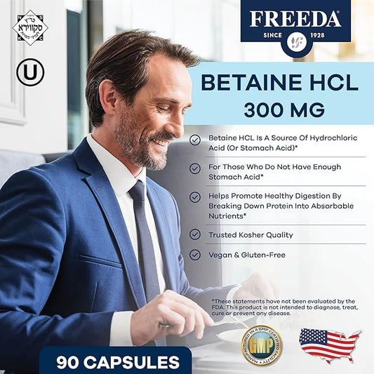 Freeda Betaine HCl - Vegan Betaine Supplement Digestive Supplement for Healthy Digestion - Organic Vegetarian Formula, Does Not Contain Pepsin (90 Capsules)