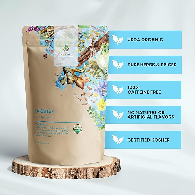 Gardenika Organic Laxative Loose Tea, Herbal, Caffeine-Free, KSA Kosher, Ayurvedic with Fennel, Ginger, Senna, Cinnamon - 4oz (1 Pack)
