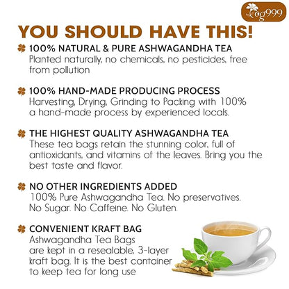 TOG999, Premium 120 Ashwagandha Root Tea Bags, 100% Natural & Pure from Ashwagandha Root. No Sugar, No Caffeine, No Gluten, Vegan.