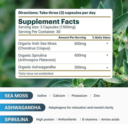 Sea Moss with Spirulina and Ashwagandha Blend Capsules, Mood, Immune Support & Stress Relief, Micro Ingredients & Antioxidants Source — Non-GMO, Vegan Superfood Supplement, 90 Count
