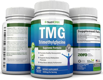 TMG Trimethylglycine Supplement - 1000mg - 180 Capsules - Premium Pure Betaine Anhydrous - Supports Normal Homocysteine & Blood Pressure Levels - Promotes Methylation Processes - Non-GMO Formula