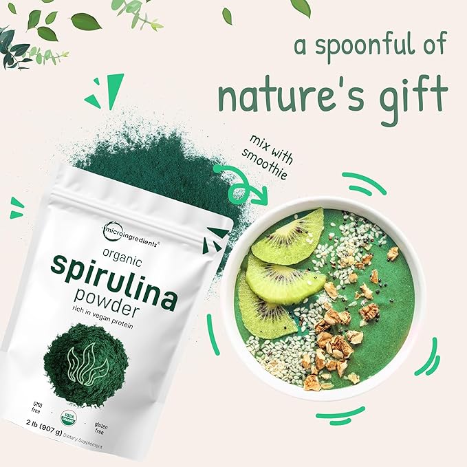 Organic Spirulina Powder, 2lbs | Raw Blue Green Algae | Superfood Rich in Vegan Protein, Antioxidants, Vitamins, & Minerals | Natural Source of Chlorophyll & Enzymes | Non-GMO, Filler Free