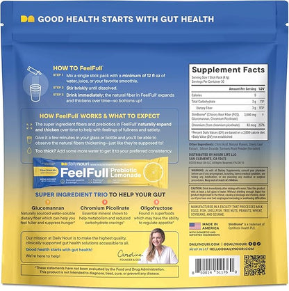 Nouri Daily FeelFull Prebiotic Fiber Drink Mix | Supports Natural Fullness, Appetite & Cravings Control, Gut & Metabolic Health | Oligofructose, Glucomannan & Chromium | 30 Stick Packs