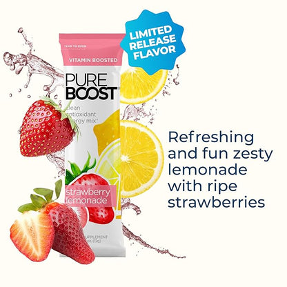Pureboost Clean Energy Booster, Refreshing Energy Drink Mix with B12 Vitamins, Electrolytes, Antioxidants, Sugar-Free with No Sucralose (Strawberry Lemonade, 30 Count)