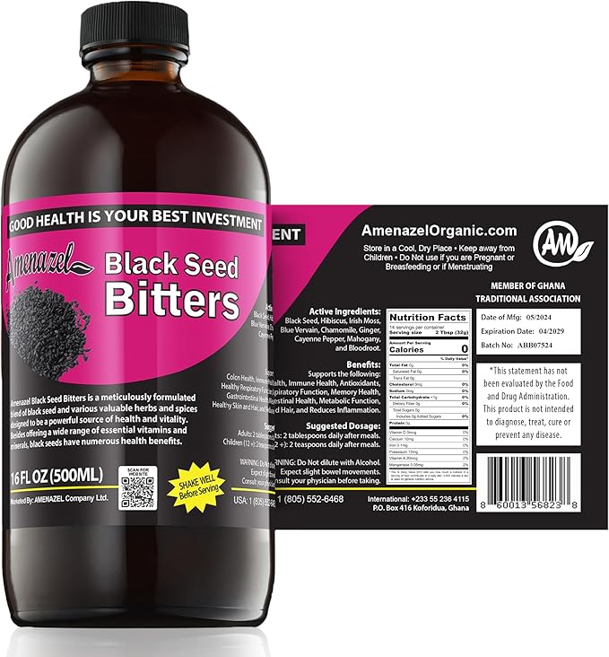 Amenazel Organic Black Seed Bitters, 16 fl oz.