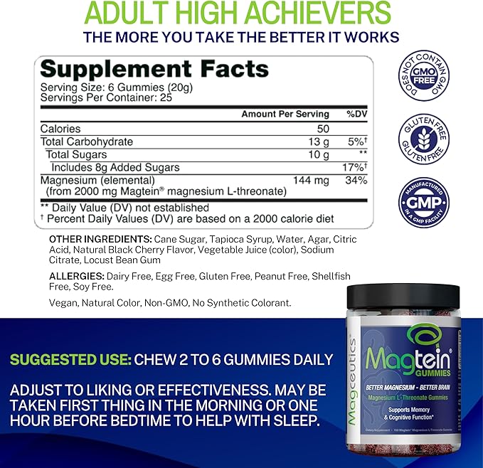 Magtein Gummies - Magnesium L-Threonate Gummy, Brain Support, Focus Supplement, Boost Memory & Cognitive Function - 150 Vegan Gummies
