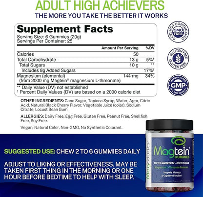 Magtein Gummies - Magnesium L-Threonate Gummy, Brain Support, Focus Supplement, Boost Memory & Cognitive Function - 150 Vegan Gummies